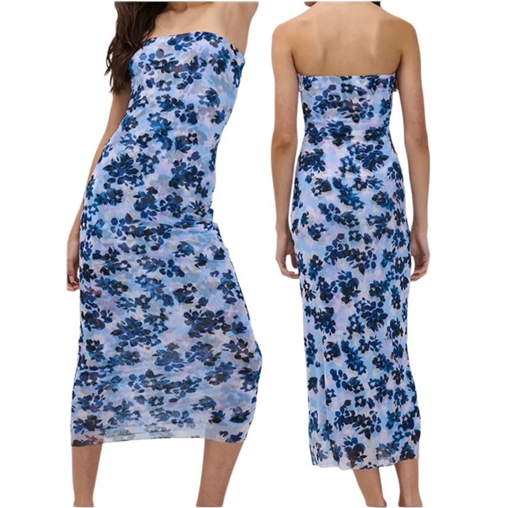 BRAND NEW CCB Strapless Blue Floral Mesh Bodycon Bandage Lined Maxi Dress Small